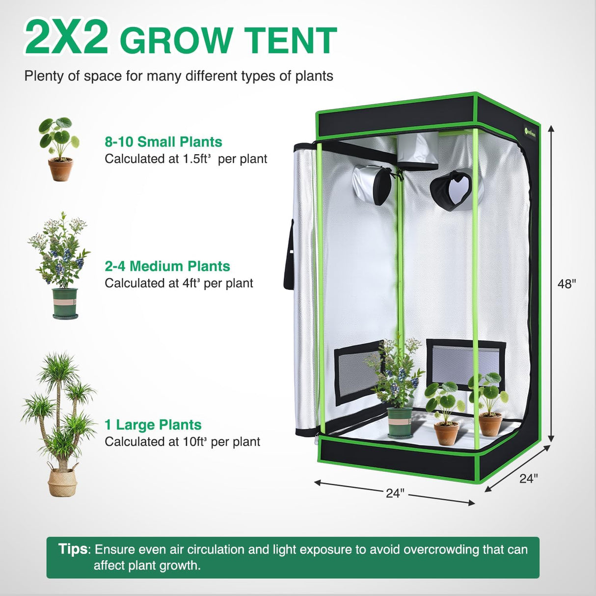 2x2 Grow Tent 24 Inchx24 Inchx48 Inch High Reflective Mylar Small Indoor Growing Tents 600D Oxford Cloth with Observation Window and Removable Floor Tray for Hydroponics Indoor Plants Fruit Flower Growing