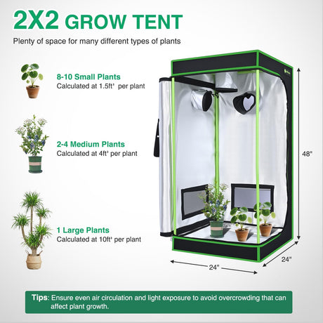 2x2 Grow Tent 24 Inchx24 Inchx48 Inch High Reflective Mylar Small Indoor Growing Tents 600D Oxford Cloth with Observation Window and Removable Floor Tray for Hydroponics Indoor Plants Fruit Flower Growing