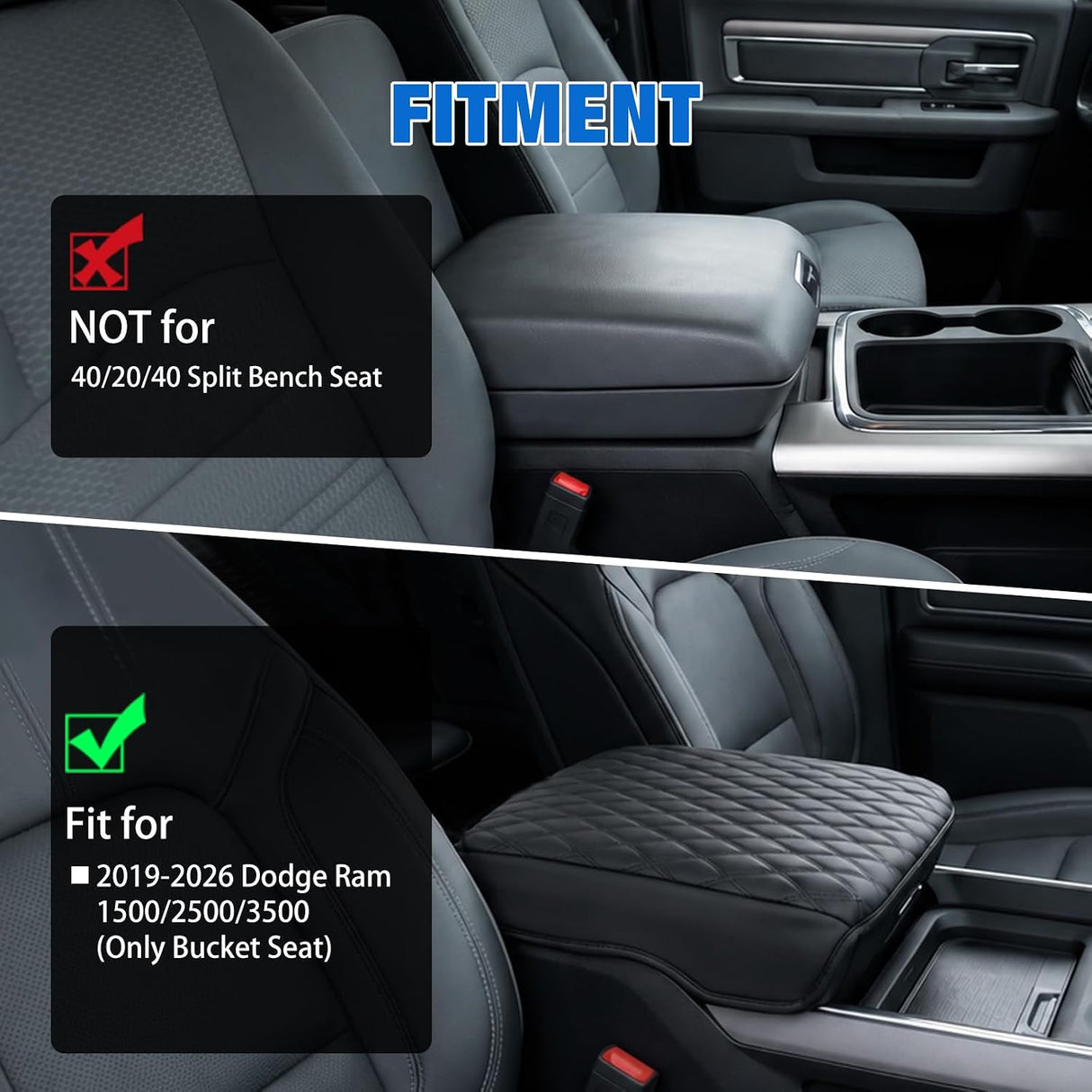Center Console Cover for Dodge Ram 1500/2500/3500 2019-2025 2026 | for Ram Bucket Seat Accessories Nappa Leather Armrest Cover for Car Waterproof Anti-Scratch Middle Arm Rest Cushion, Black