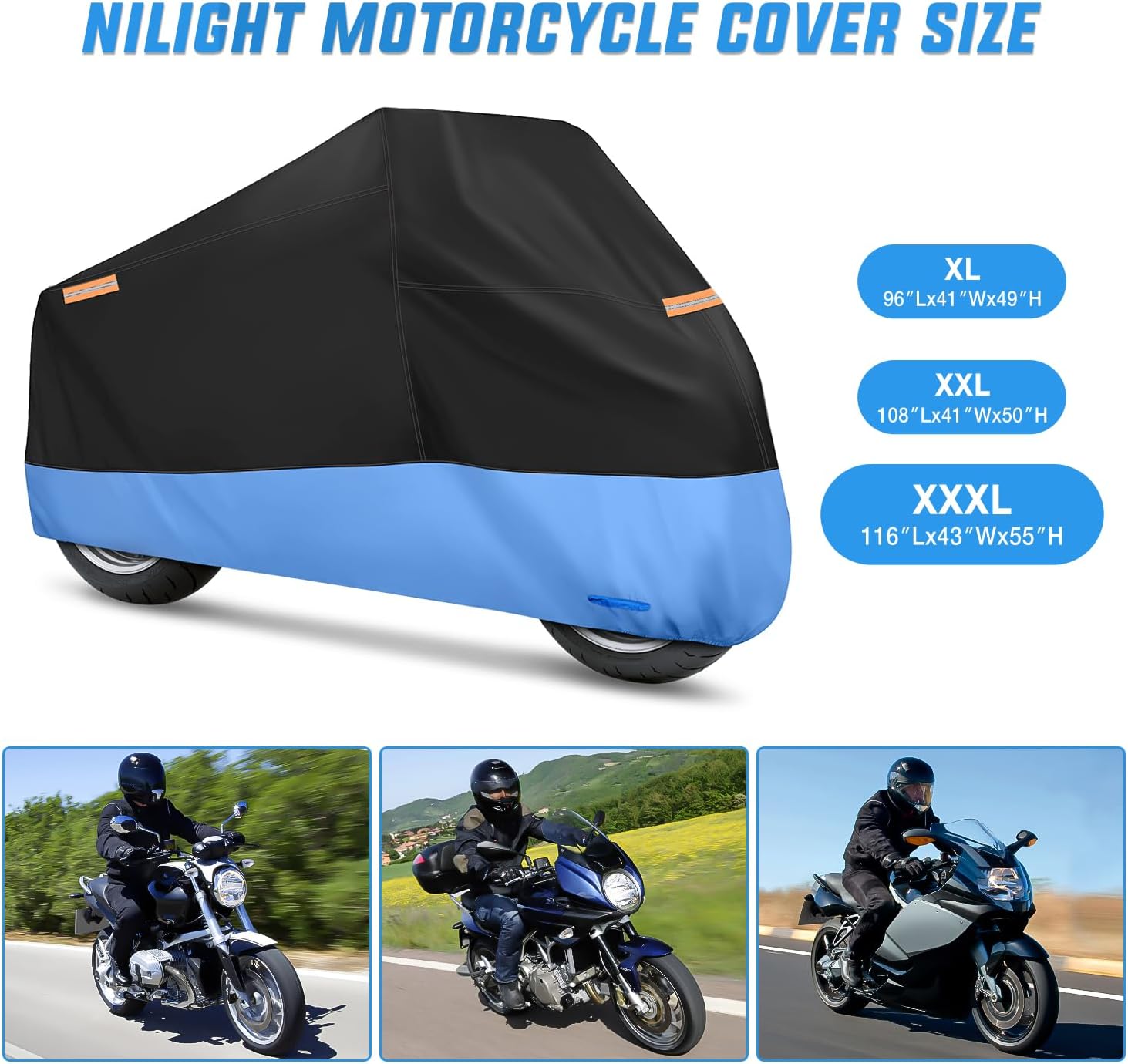 Motorcycle Cover with Lock-Hole Storage Bag & Protective Reflective Strip Fits up to 116" Nilight
