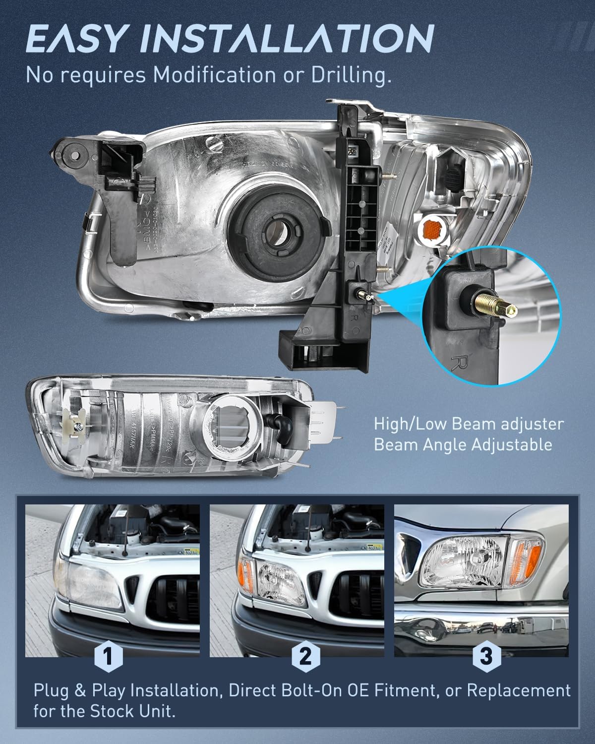 2001-2004 Toyota Tacoma Headlight Assembly Chrome Case Amber Reflector Nilight