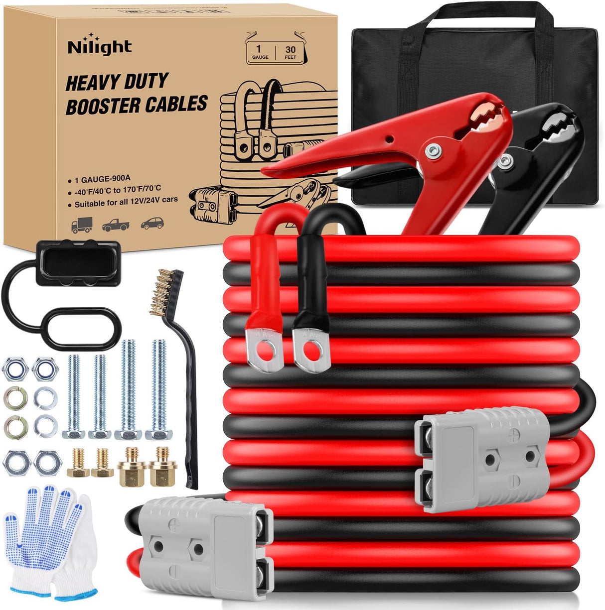 1 Gauge 30 Feet Heavy Duty Jumper Cables 900 Amp Booster Battery Cables with Permanent Installation kit and Quick Connect Plug Includes Carrying Bag for 12V & 24V Cars SUVs and Trucks
