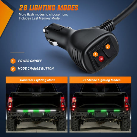 60 Inch Truck Tailgate Strobe Light Strip Tail Emergency Bar Rear Window Warning Lamp Ultra-Bright Double Row 360 LED for Pickup Trailers Construction Vehicles Car SUV, Green White