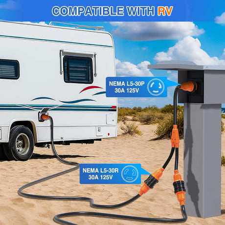 30 Amp RV Marine Boat Shore Power Y Splitter Adapter Cord NEMA L5-30P L5-30R 125V 3750W Cords w/Locking Rings & Waterproof Seals ETL-Listed 10 AWG STW for RVs Boats Yachts Campers
