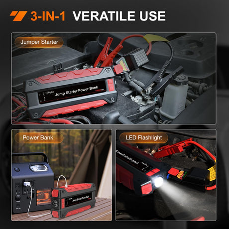 1000A Car Battery Jump Starter for Up to 6.0L Gas & 4.0L Diesel Engines 12V Portable Jump Start Booster Pack Jump Box with Jumper Cables DC Output and LED Light