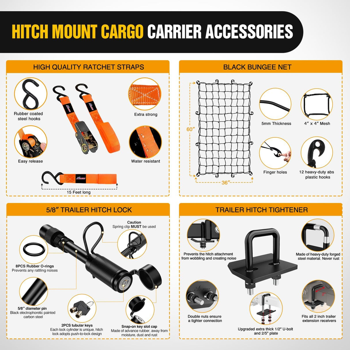 60 Inch x 24 Inchx 7.87 Inch Folding Carrier Fits 2-Inch Receiver 500 Lbs Capacity Bag Net Ratchet Straps Lock Stabilizer for SUV Pickup RV Van