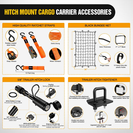 60 Inch x 24 Inchx 7.87 Inch Folding Carrier Fits 2-Inch Receiver 500 Lbs Capacity Bag Net Ratchet Straps Lock Stabilizer for SUV Pickup RV Van