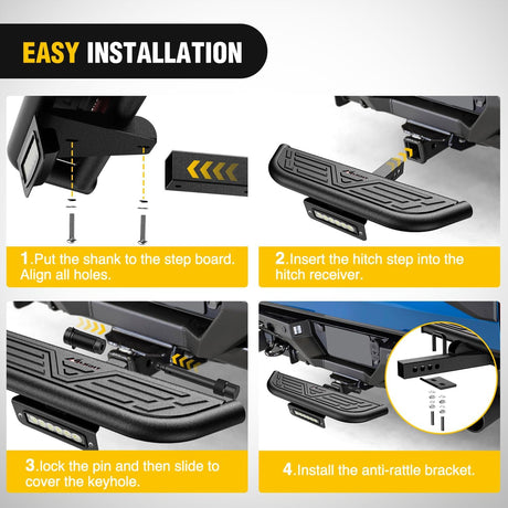 Hitch Step 2 Inch Receiver Universal with LED Light, Pin Lock and U-Bolts Stabilize,Rear Bumper Guard for Pickups Trucks Vans SUVs ATVs