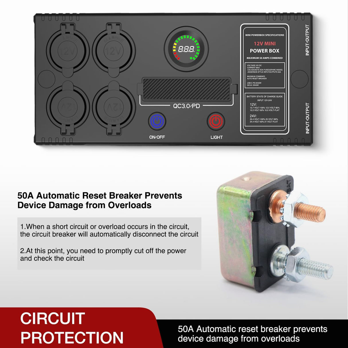 Mini Power Box 12V 24V DC Compact Design Distribution Box Plug & Play Multi Ports -2 Anderson, 3 USB, 3 USB-C, 4 Cig Sockets Perfect for Outdoors Camping Fishing RV 4Wd Caravans Emergency