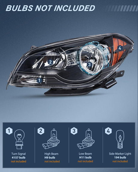 Headlight Assembly Compatible with 2008 2009 2010 2011 2012 Chevy Malibu 4 Door Halogen Factory Headlamp Black Housing Amber Reflector Headlamp Passenger and Driver Side