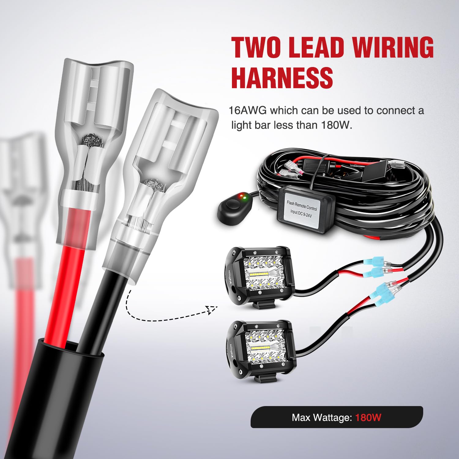 16AWG Wire Harness Kit 2 Leads W/ Remote Controller Switch | 3 Fuses | 4 Spade Connectors Nilight