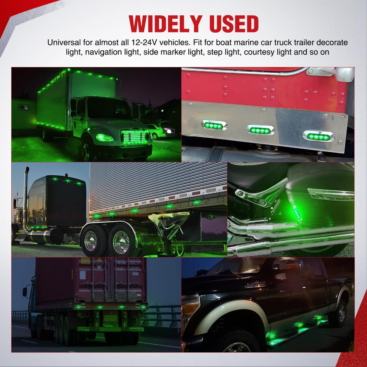 3.7 Inch Green Oval Side Marker Light, 4 LED IP68 Waterproof | Chrome Bezel DC 12-24V Surface Mount 10 Pack Marker & Clearance Light for Trucks Trailers Cars RVs Buses & Boats