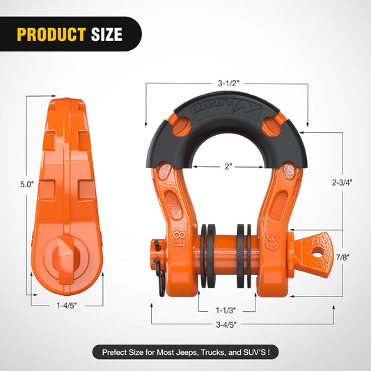 3/4 inch Mega D-Ring Shackle With 7/8 inch Screw Pin 68000LBS Orange (Pair) Nilight