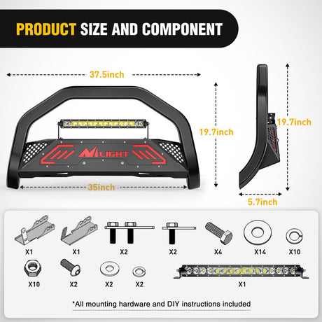 Bull Bar with Light fits 2007-2018 Chevy Silverado GMC Sierra 1500, 2007-2020 Chevy Tahoe Suburban&Yukon/Yukon XL Front Bumper Grille Brush Push Guard with Skid Plate Licence Plate Hole Black