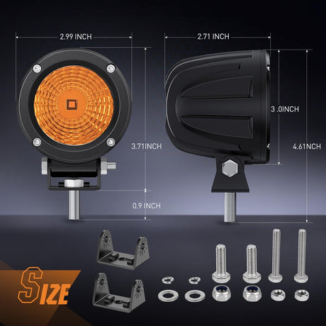 Amber LED Light Pods 2 PCS 3 Inch Flood Round Offroad Driving Auxiliary Fog Lights Built-in EMC for Motorcycle SUV ATV Truck Boat Tractor Forklift