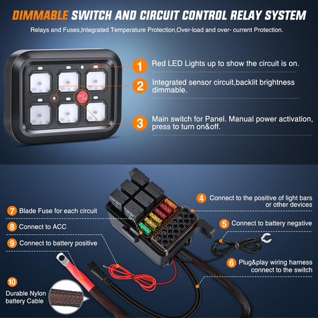 6Gang Multifunction Red Rocker Switch Panel System Nilight