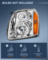 Headlight Assembly Compatible with 2007 2008 2009 2010 2011 2012 2013 2014 GMC Yukon Halogen Type Factory OE Style Replacement Chrome Housing Amber Reflector Passenger and Driver Side