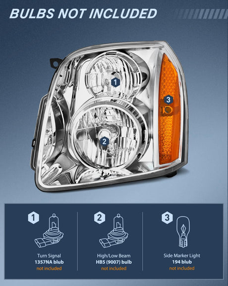Headlight Assembly Compatible with 2007 2008 2009 2010 2011 2012 2013 2014 GMC Yukon Halogen Type Factory OE Style Replacement Chrome Housing Amber Reflector Passenger and Driver Side
