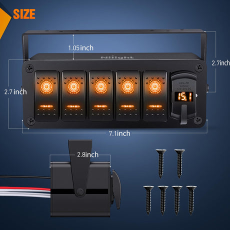 5 Gang Rocker Switch Box 12V SPST ON Off Toggle Switches PD Type C and QC 3.0 USB Sockcet Voltmeter LED Light Waterproof Aluminum Mount Bracket Panel DIY Stickers for Boat Car RV Truck