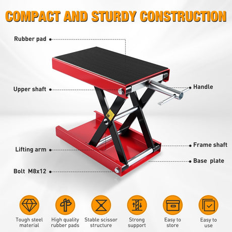 Motorcycle Lift Jack 1100 LBS Scissor Jack Stand Lift from 3.4 Inch to 14.2 Inch with Wide Deck Crank Handle Steel Scissor Hoist Garage Repair Lifter Table Jacks for Motorcycles ATV Dirt Bike, Red