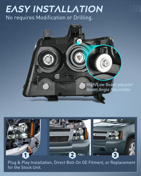 Headlight Assembly for 2007 2008 2009 2010 2011 2012 2013 2014 Chevy Avalanche Tahoe Suburban 1500 2500 Replacement Headlamp Bumper Lamp Set Black Housing Amber Reflector