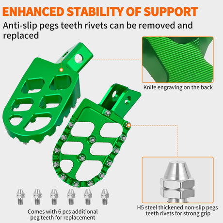 Motorcycle Foot Pegs Dirt Bike Footpegs Fit for Kawasaki KLX110 2002-2023 KLX110L 2010-2023 KX60 1998-2003 CNC Foot Pegs for Motorcycles Heavy Duty Aluminum Alloy Foot Rests, Green