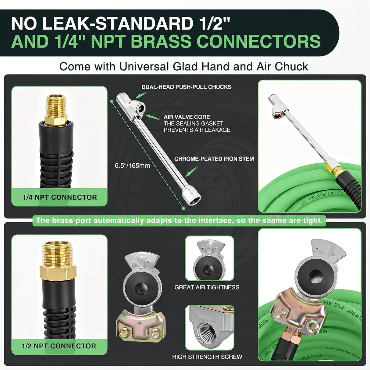 Heavy Duty Truck Tire Inflator Kit 3/8 in x 50 FT 300 PSI | Hybrid Air Hose with Universal Glad Hand and Air Chuck Lightweight Kink Resistant Semi Trailer Tractor Tire Inflation Hose