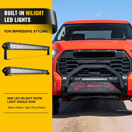 Bull Bar with Light fits Toyota Tundra 2007 2008 2009 2010 2011 2012 2013 2014 2015 2016 2017 2018 2019 2020 2021 Front Bumper Grille Brush Push Guard with Skid Plate Licence Hole Black