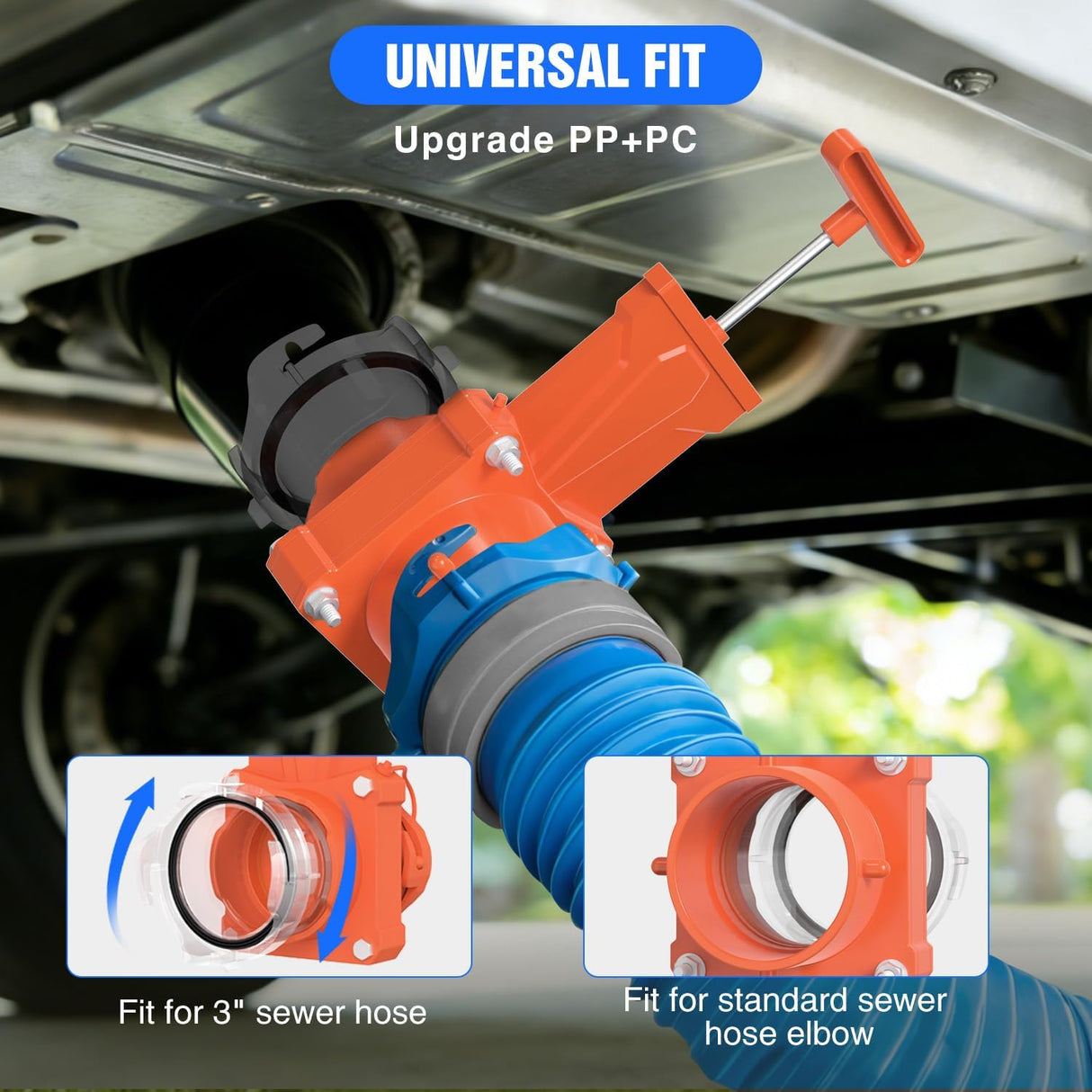 RV Sewer Valve, Camper Black Tank Gate Valve with 4 Bayonet Prongs Clear Adapter Leakproof Cap Double Odor-Tight Sealing Ring Twist On Waste Valve for RV Sewer Hose Fittings Replacement Orange