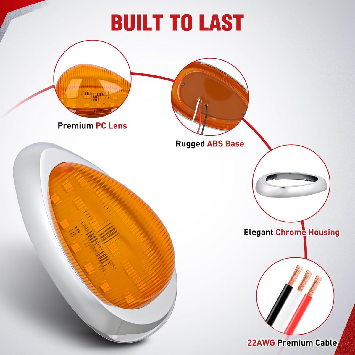 6 Inch Amber Teardrop Side Marker Light,18 LED Turn Signal | Amber Lens Chrome Bezel IP67 Waterproof Surface Mount 2 Pack Fits Freightliner Century Columbia & Coronado Trucks Trailers