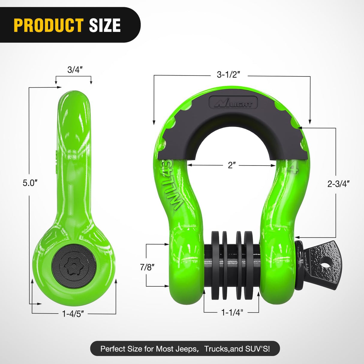 3/4 Inch D Ring Anti-Theft Shackle Tow Hook Jeep Truck SUV ATV UTV | Off Road Recovery Gear 19T 41,887 lbs Break Strength 4.75T WLL Rust-Resistant Anti-Rattle Isolators Heavy Duty Green 2pack