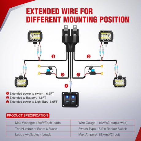 16AWG Wire Harness 4 Leads W/ 2 Gang Rocker Switch | 6 Fuses | 8 Spade Connectors Nilight