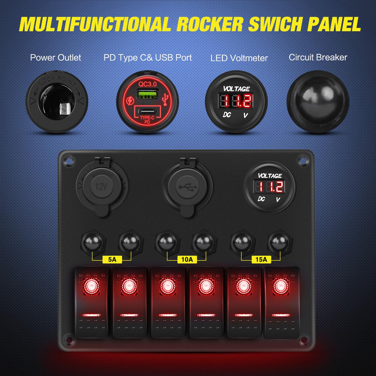 6 Gang Rocker Switch Panel Waterproof Pre-Wired Aluminum Panels with PD Type C and USB Cigarette Lighter Socket Voltmeter 12V 24V ON Off Switches for Car Trucks Boats RVs Red