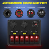 6 Gang Rocker Switch Panel Waterproof Pre-Wired Aluminum Panels with PD Type C and USB Cigarette Lighter Socket Voltmeter 12V 24V ON Off Switches for Car Trucks Boats RVs Red