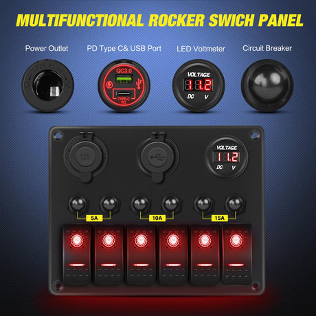 6 Gang Rocker Switch Panel Waterproof Pre-Wired Aluminum Panels with PD Type C and USB Cigarette Lighter Socket Voltmeter 12V 24V ON Off Switches for Car Trucks Boats RVs Red