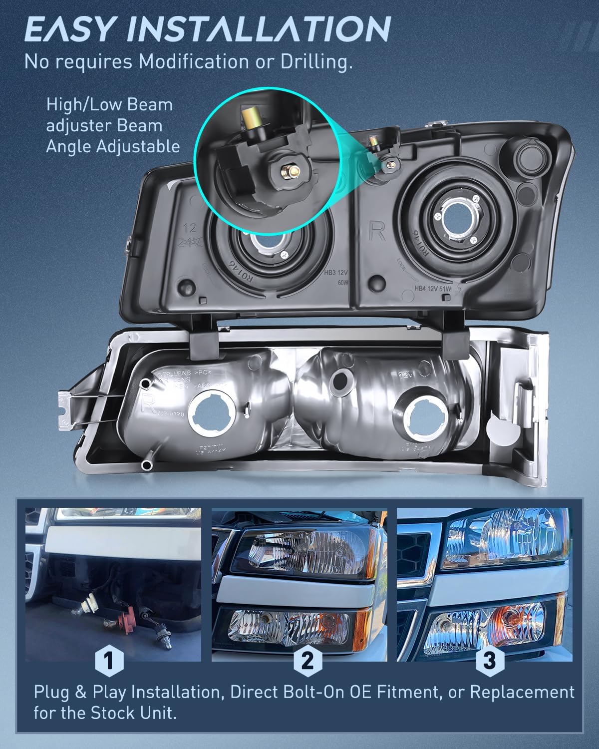 Headlight Assembly for 2003 2004 2005 2006 Chevy Silverado Avalanche 1500 1500HD 2500 2500HD 3500 Chevrolet Pickup Replacement Headlamp Black Housing Amber Reflector Bumper Lamp Set