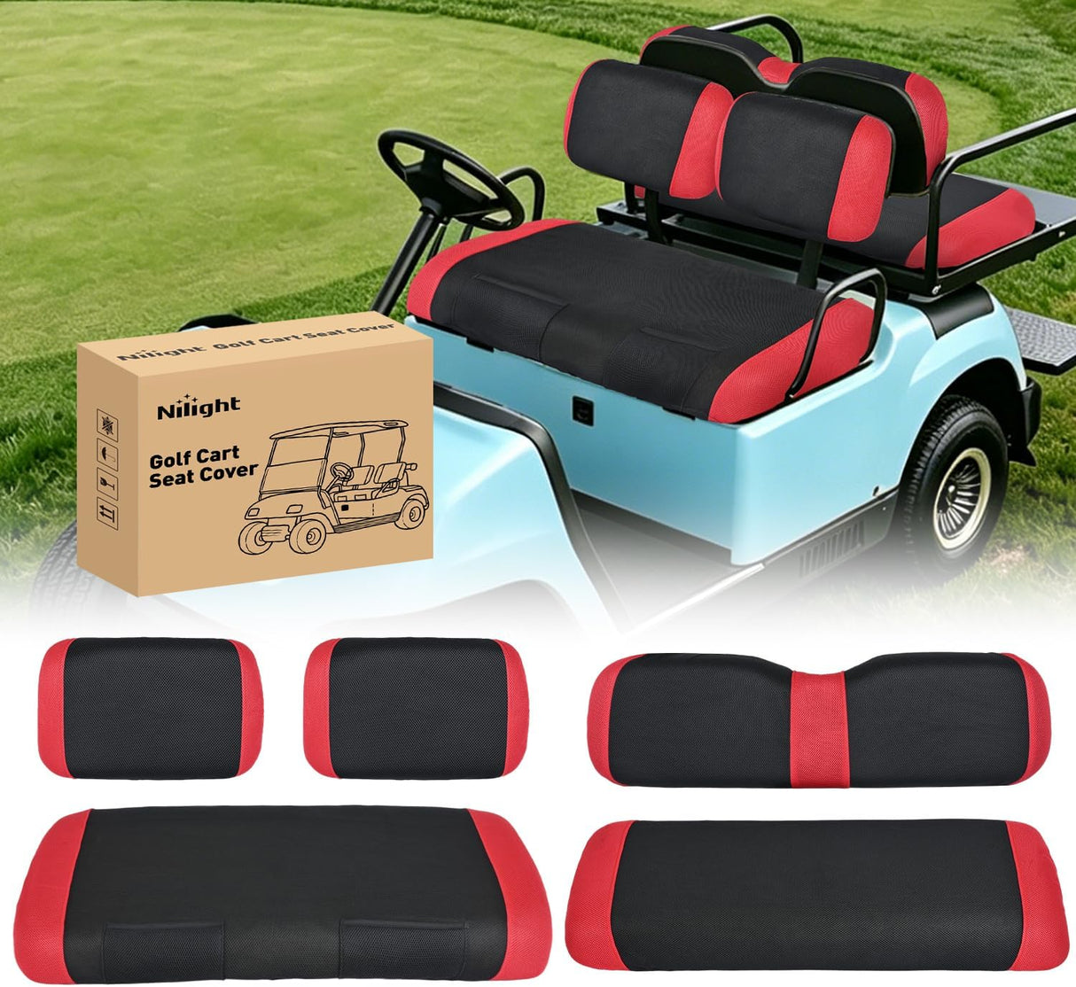 Golf Cart Seat Covers Set Red Black for Club Car DS Yamaha | Breathable Sandwich Mesh Sun Scratch Resistant Washable No Staple Fits 1982-2000 Club Car DS Yamaha G22 G19 G16 G9 G2