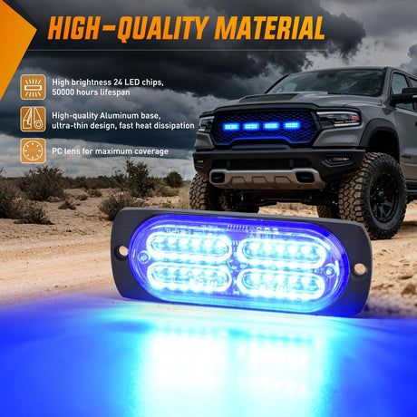 4PCS 24LED Emergency Strobe lights 12V 24V Blue Surface Mount Grille Hazard Safety Warning Light Sync Feature Side Flashing Marker Flash for Car Truck Campers