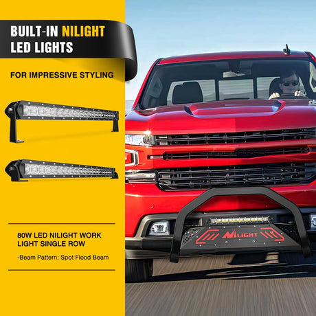 Bull Bar with Light fits 2007-2018 Chevy Silverado GMC Sierra 1500, 2007-2020 Chevy Tahoe Suburban&Yukon/Yukon XL Front Bumper Grille Brush Push Guard with Skid Plate Licence Plate Hole Black