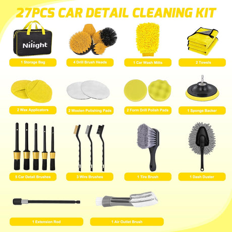 Automotive Tools 27PCS Car Detailing Kit Auto Cleaning Tools Wash Set with Storage Carry Bag Home Use for Interior Exterior Deep Clean Polish Car Care Windshield Dashboard Seat Air Vents Wheels Tires, Yellow