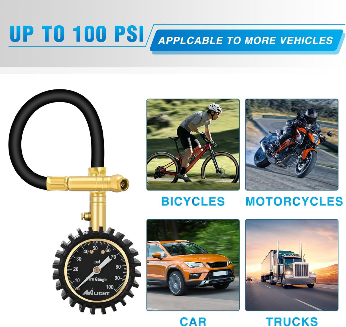 Tire Pressure Gauge 100PSI Heavy Duty Large 2 Inch Glow Dial ANSI B40.1 Certified Air Chucks Accurate Reading with Extended Hose for Truck Semi Truck ATV Motorhome Cars & RV Accessories