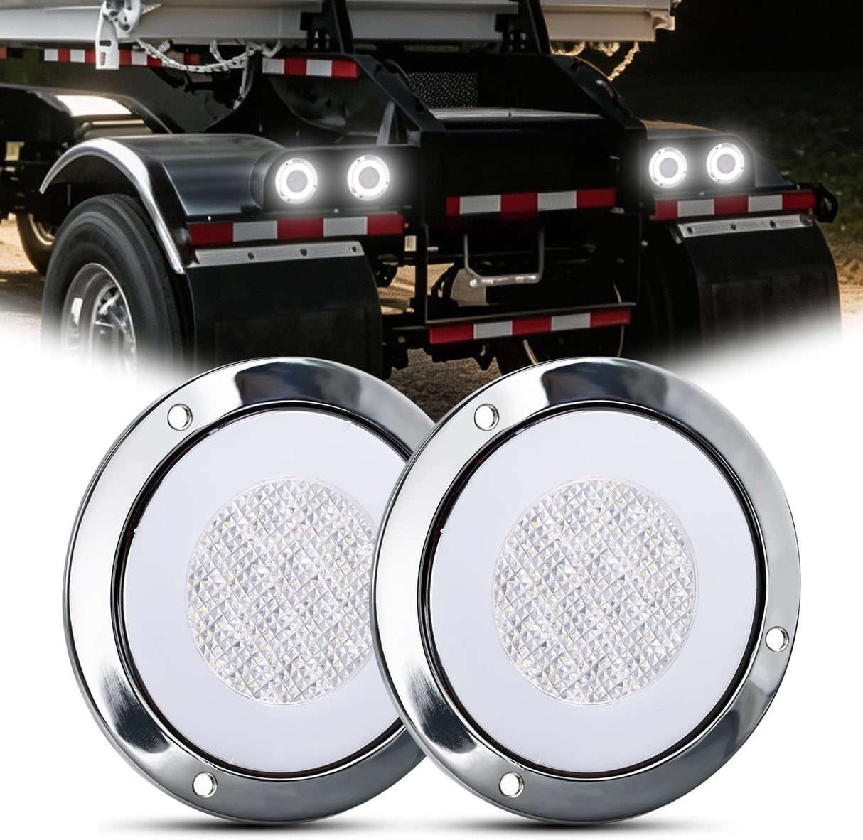 Trailer Tail Lights 2PCS 4Inch Round 32LED White Halo Chrome | Plated Frame Grommet IP67 Waterproof Marker Clearance Stop Brake Turn Running Taillights for Trailer Truck Pickup Camper RV