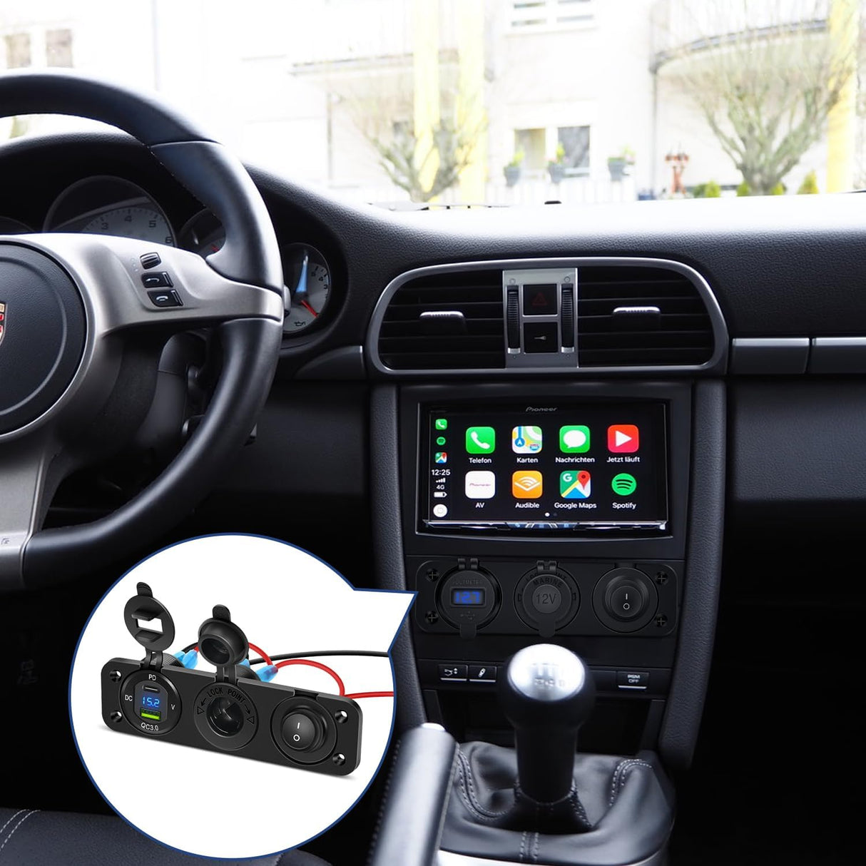 4 in 1 Charger Socket Panel PD Type C and QC 3.0 USB with LED Voltmeter Display and Cigarette Lighter Power Cutoff Switch for Cars Trucks UTV ATV
