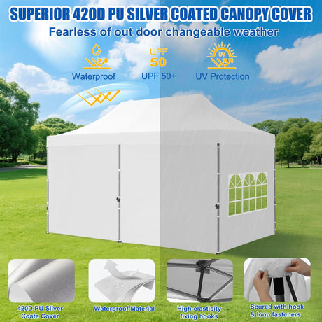 10x20 Pop Up Canopy Tent with Sidewalls Instant Outdoor Canopy, Waterproof & UV Protection, Easy Setup Adjustable Height Heavy Duty Shelter Gazebo Tent for Patio Backyard Party Events, White
