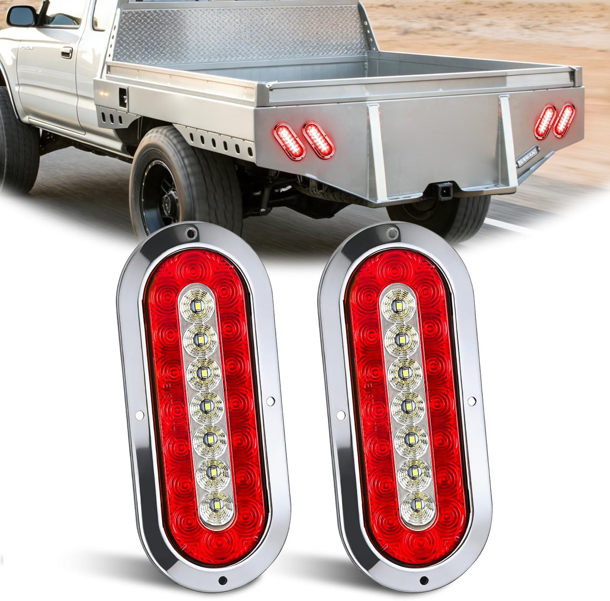Trailer Tail Lights 2PCS 6Inch Oval 23LED Red White Chrome | Frame Marker Clearance Stop Brake Reverse Backup Running Taillights IP67 Waterproof for Trailer Truck Pickup Camper RV