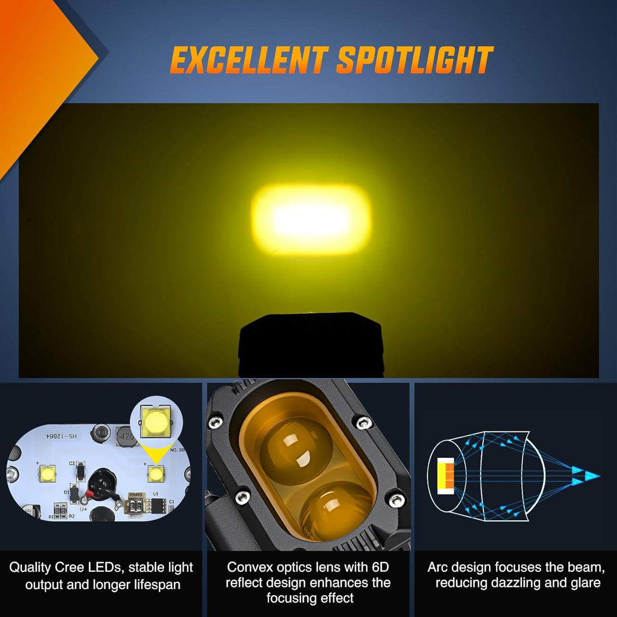 LED Pod Light 48W 4 Inch 2 PCS Yellow Spot Beam Driving Lights LED Pods IP67 Waterproof Auxiliary Offroad Lighting for Truck Tractor SUV ATV UTV Golf Cart Boat Motorcycle Dirt Bike