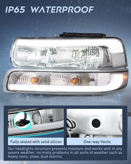 LED DRL Headlight Assembly for 1999 2000 2001 2002 Chevy Silverado 1500 1500HD 2500 2500HD 3500 Chevrolet Tahoe Suburban Replacement Headlamp Clean Lens Chrome Housing Bumper Lights Set