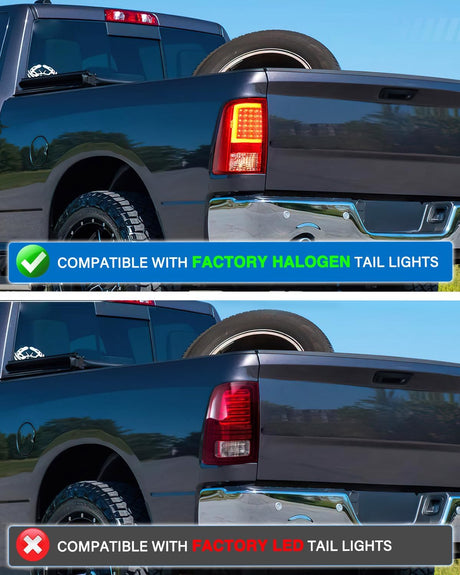Taillight Assembly Compatible with 2009 2010 2011 2012 2013 2014 2015 2016 2017 2018 Dodge Ram 1500 2010-2018 Ram 2500 3500 Incandescent Type Upgrade LED Tube Tail Lights Rear Brake Lamps
