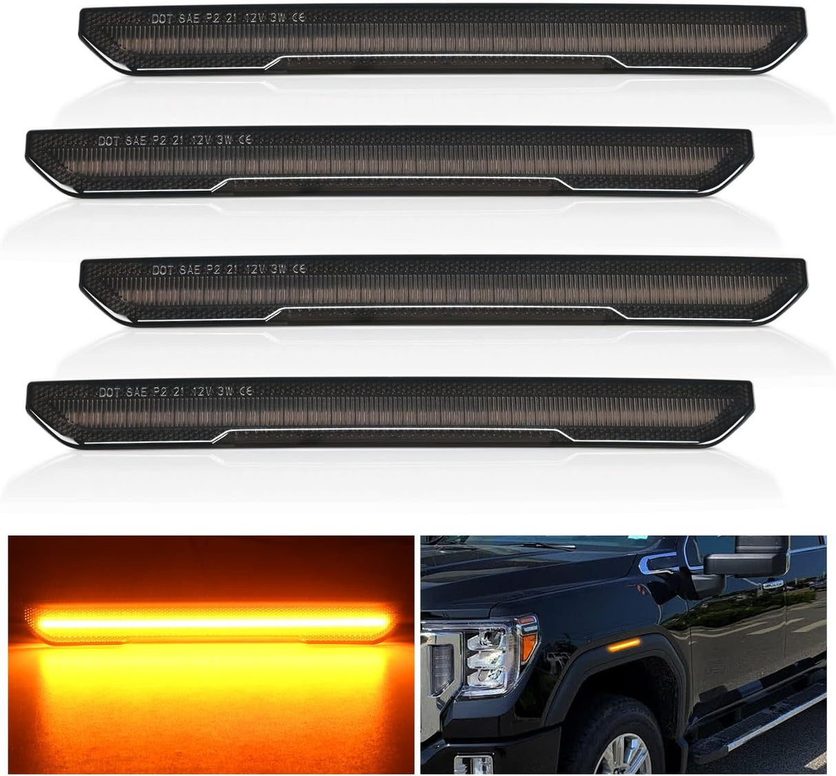 Fender Side Marker Lights 4 PCS 54 LED Smoke Lens Amber Front Rear Clearance Light Compatible with 2020 2021 2022 2023 2024 Sierra 2500HD 3500HD Pickup Truck