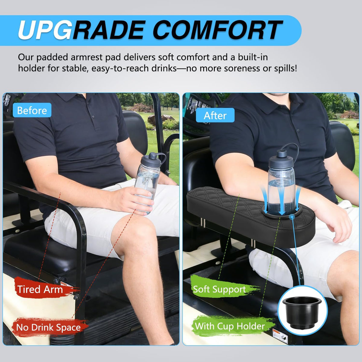 Golf Cart Armrests 2PCS Black Diamond Flip Stand Cup Holder | No Drilling Detachable PU Leather Armrest with Iron Bracket Fits 1 Inch Square Tubes for EZGO Club Car Yamaha Rear Seat